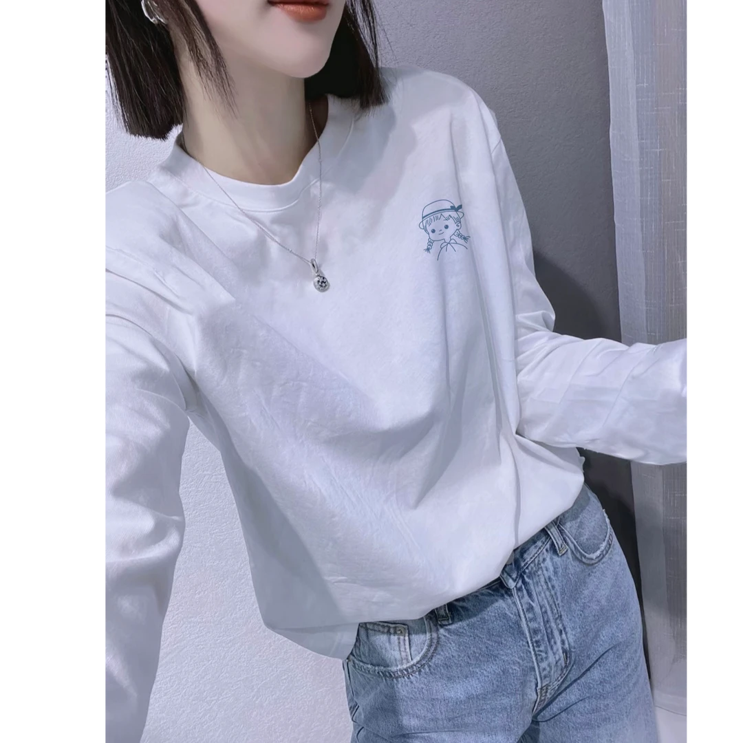 优质版白色长袖t恤女加绒春秋冬新款纯棉宽松保暖内搭打底衫上衣