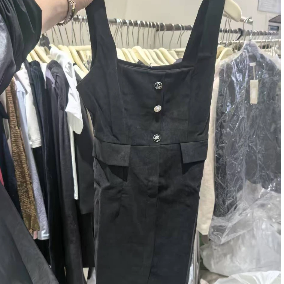 7556#黑色背带裙连衣裙