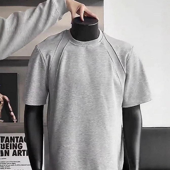 280g太空棉拼接boxy版型男士夏季抗皱宽松正肩挺阔短袖T恤大码