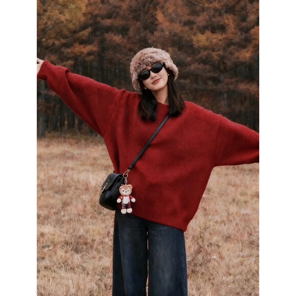 复古圣诞新年红色圆领毛衣女秋冬季慵懒风宽松软糯内搭针织衫上衣