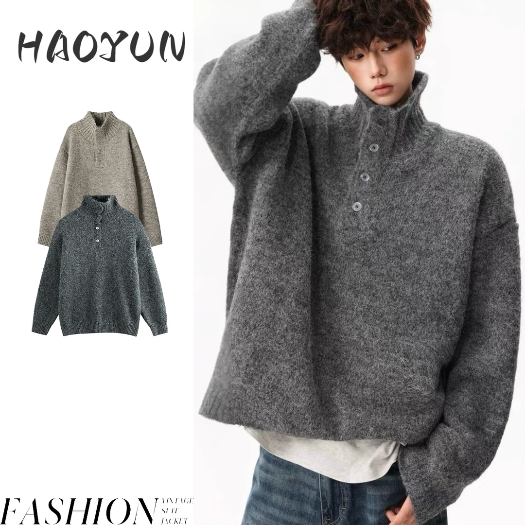 冬季简约纽扣装饰软糯可翻高领毛衣加厚针织衫纯色休闲套头外套潮
