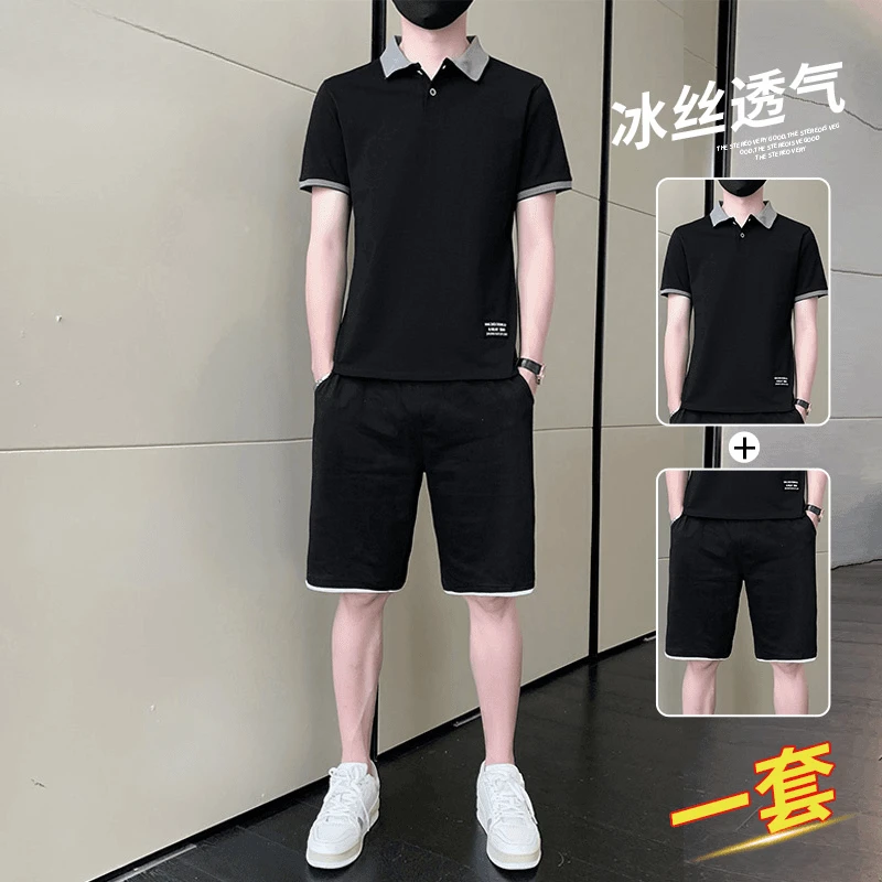 花花公子休闲套装男士夏季薄款短袖T恤潮牌polo潮流帅气舒适运动