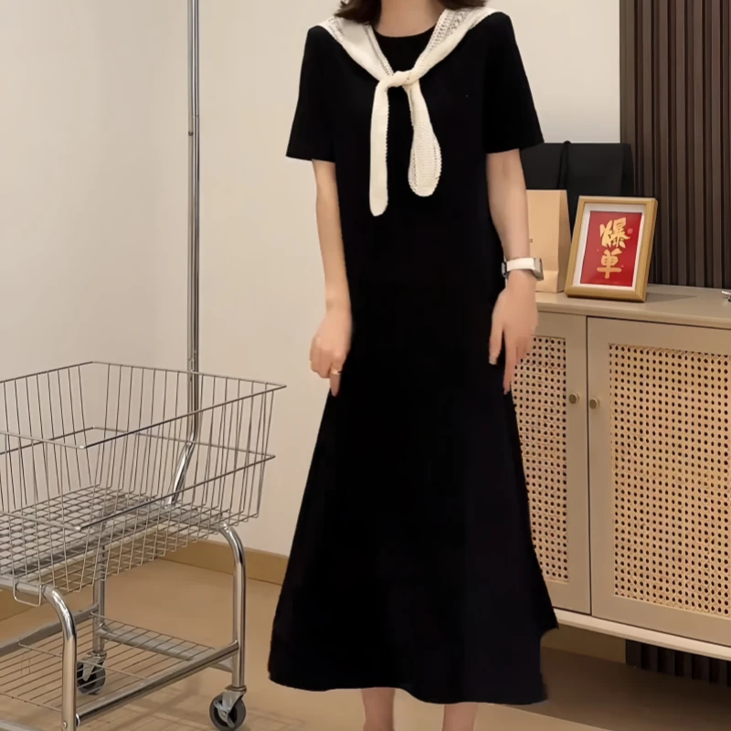 大码假两件海军领蕾丝拼接连衣裙胖MM宽松显瘦遮肉韩系设计感长裙