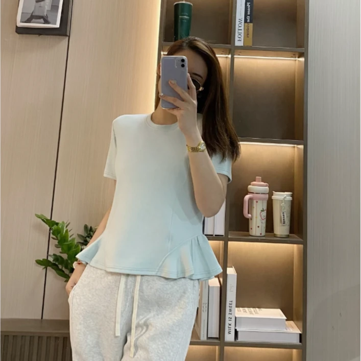 7908早春款不规则荷叶边正肩圆领短袖T恤气质百搭上衣
