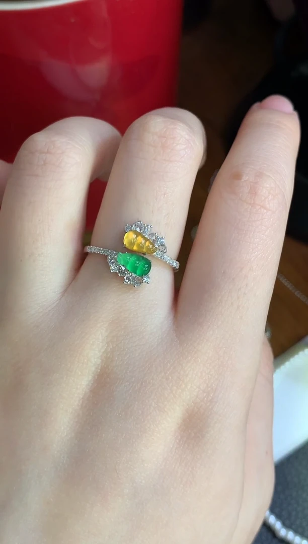 【闪购商品】翡翠戒指18K金镶嵌双豆子戒指