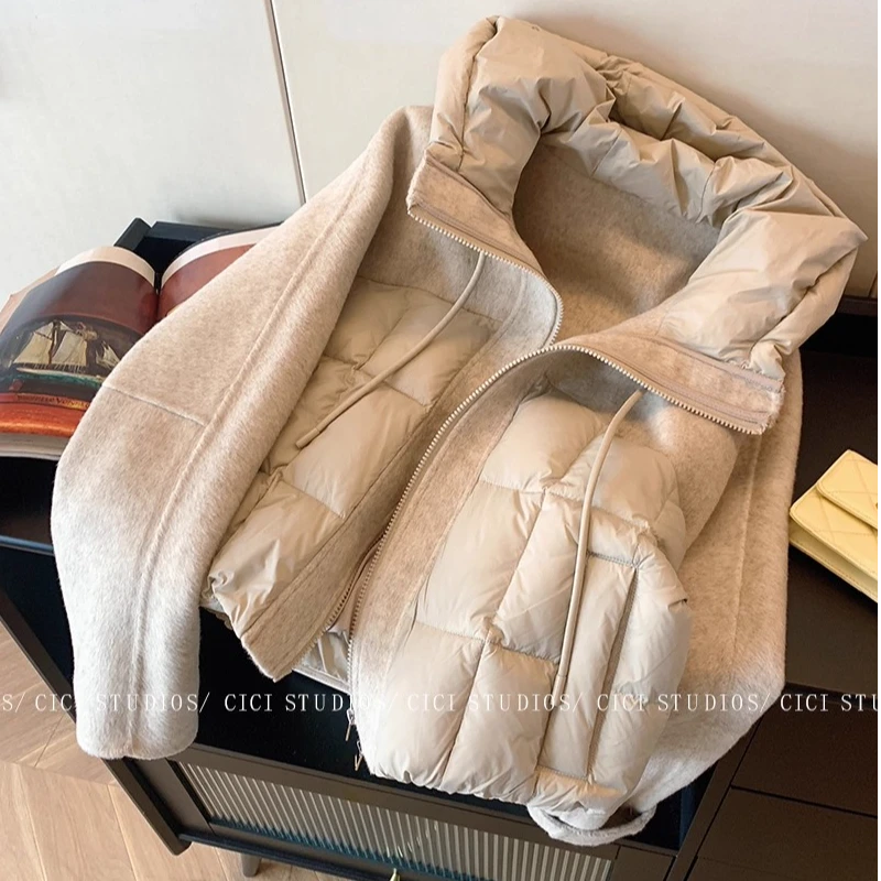 秋冬季2025大码时尚设计感拼接连帽抽绳棉服气质保暖短款夹棉外套