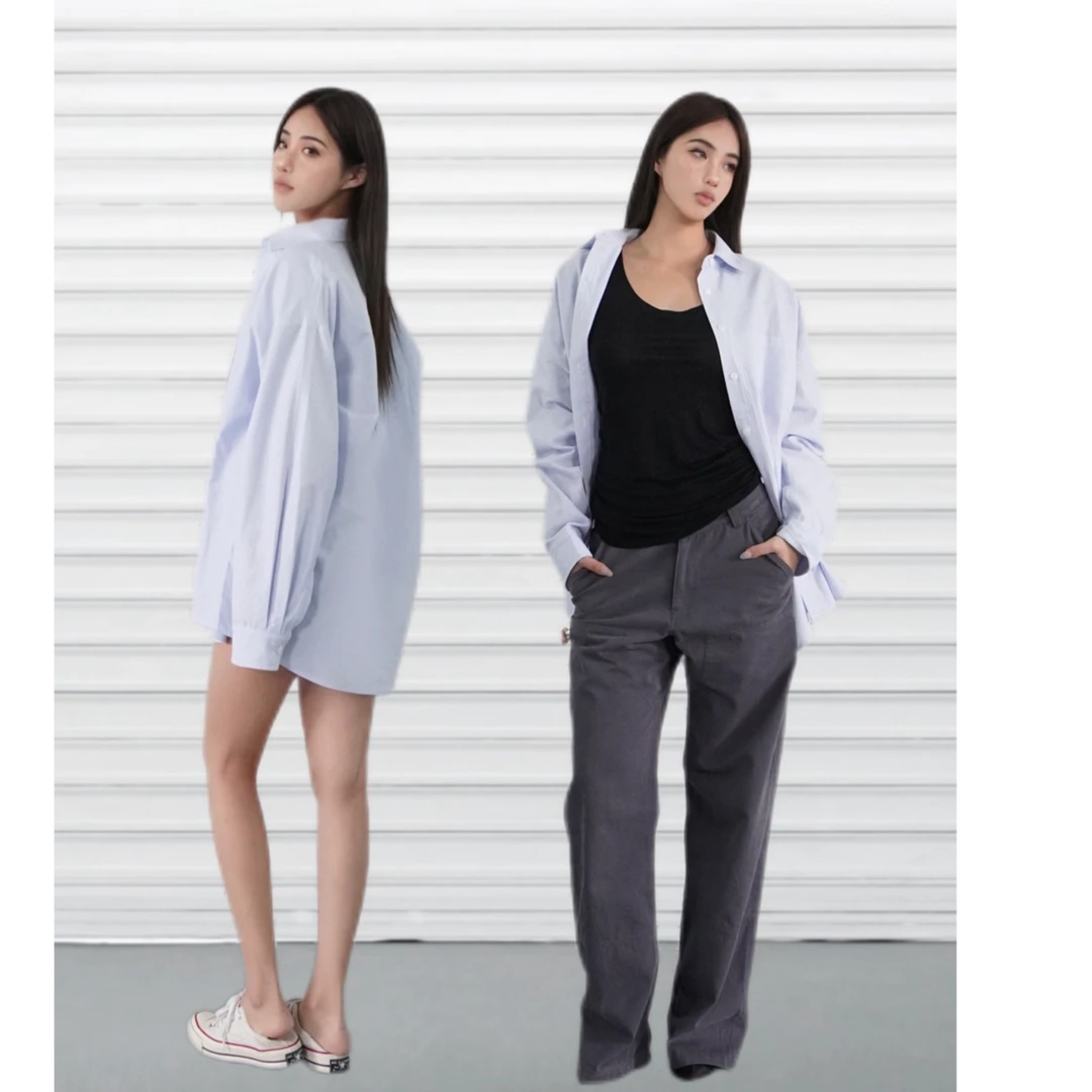 Jim Kennet经典款浅蓝色条纹休闲宽松长袖衬衫