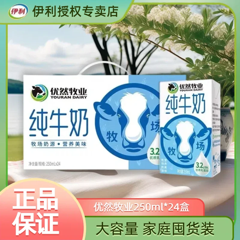 1月产优然牧业250ml*24盒整箱盒装纯牛奶早餐学生牛奶饮品批发