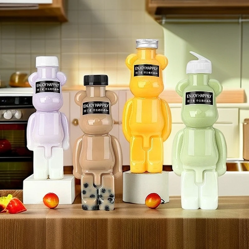 网红暴力熊奶茶杯子摆摊卡通小熊杯塑料瓶可爱熊奶茶瓶商用打包杯