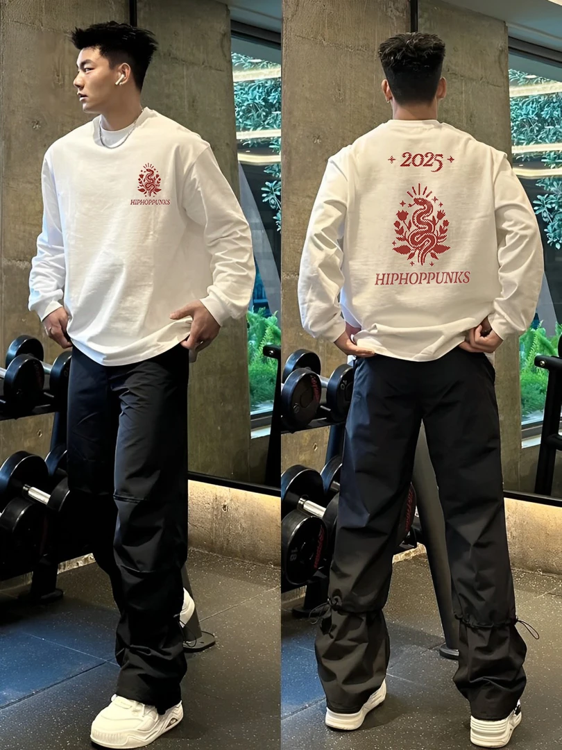 【重磅纯棉】春秋蛇年新款潮流宽松休闲时尚圆领百搭大码男长袖T恤