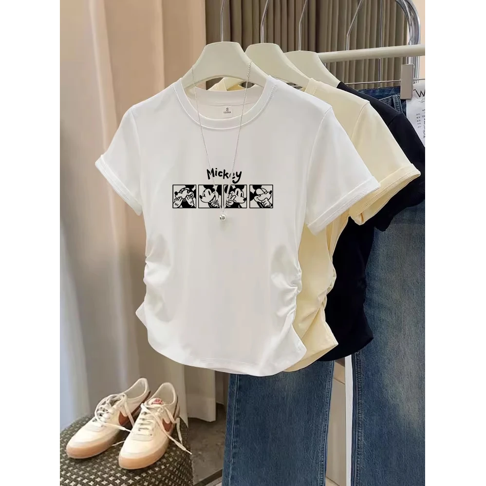 不规则褶皱圆领短袖t恤女夏季设计感修身短款小个子正肩体恤上衣