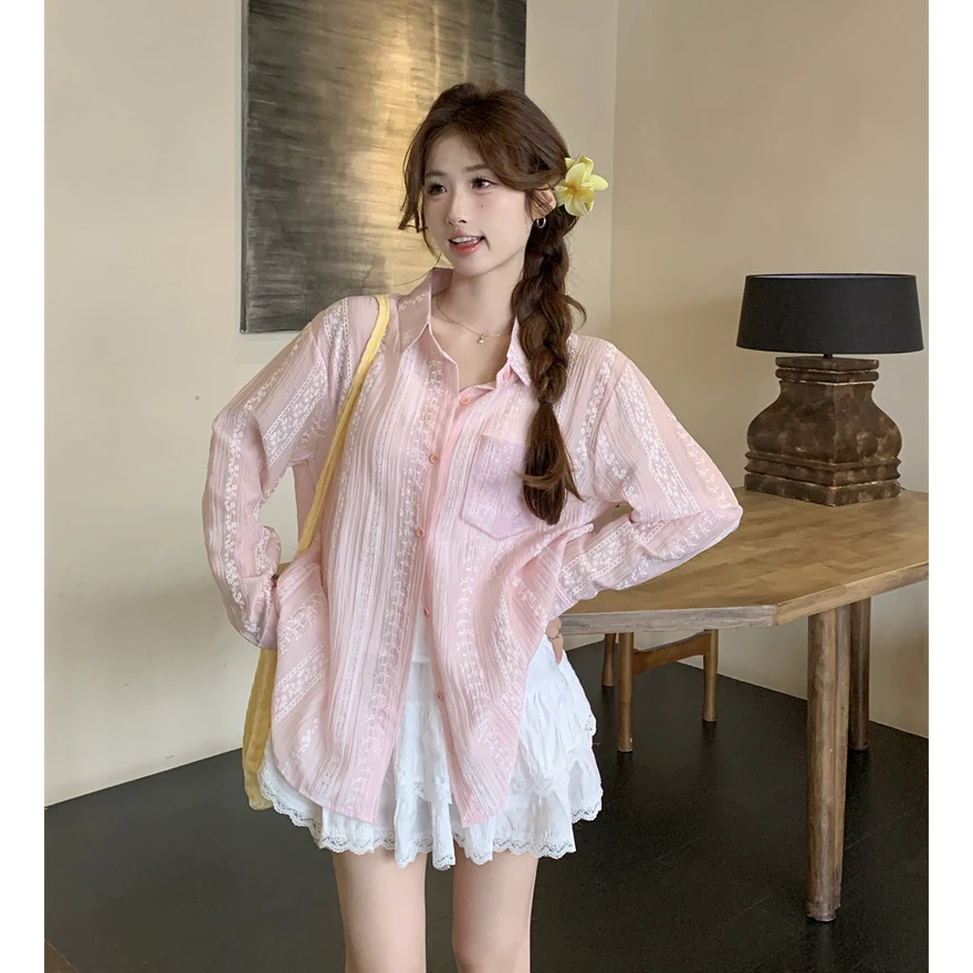 甜美微透衬衫2025秋季新款宽松中长款长袖秋款开衫女空调衫潮小众