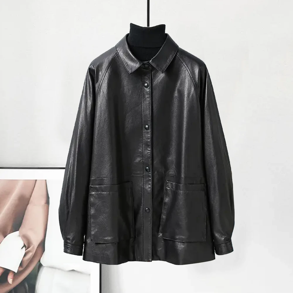 2025新款真皮绵羊皮全植鞣皮衣外套女休闲时尚宽松翻领黑色8801