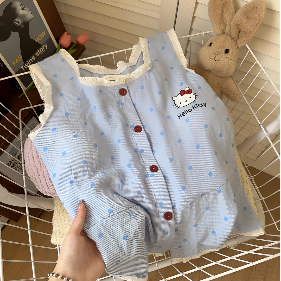 凯蒂猫波点带胸垫蕾丝花睡衣女款爆款2025新款夏短裤套装家居服