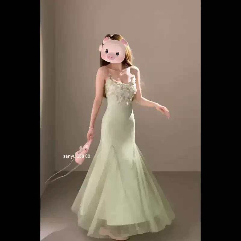 花季少女纯欲风花朵蕾丝吊带网纱鱼尾吊带裙新款修身连衣裙长裙子