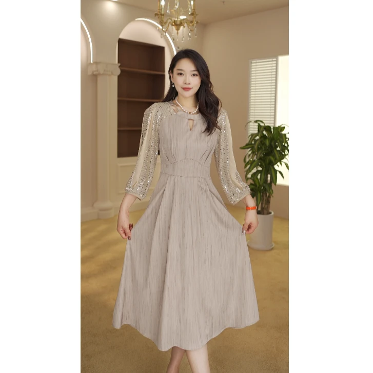 2921#时尚洋气九分袖连衣裙女修身显瘦遮肚中长款拼接a字裙子