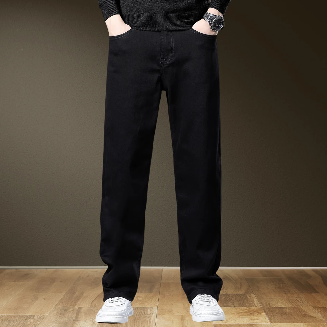 高端直筒纯黑色牛仔裤男士2025秋季潮流宽松大码简约休闲长裤子男
