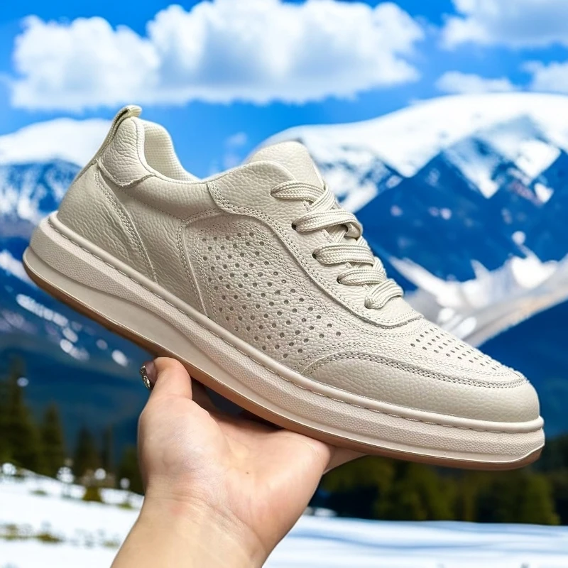 头层牛皮打孔2025夏季新款透气镂空系带休闲皮鞋男士鞋子百搭619