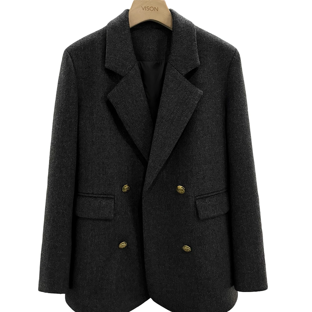 深灰色斜纹内胆毛呢西装外套女2025新款冬季高端气质流行西服