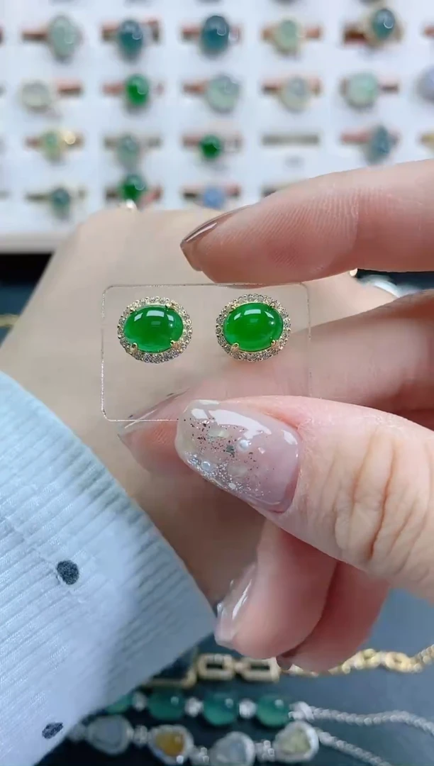 银S925镶嵌翡翠耳饰天然翡翠