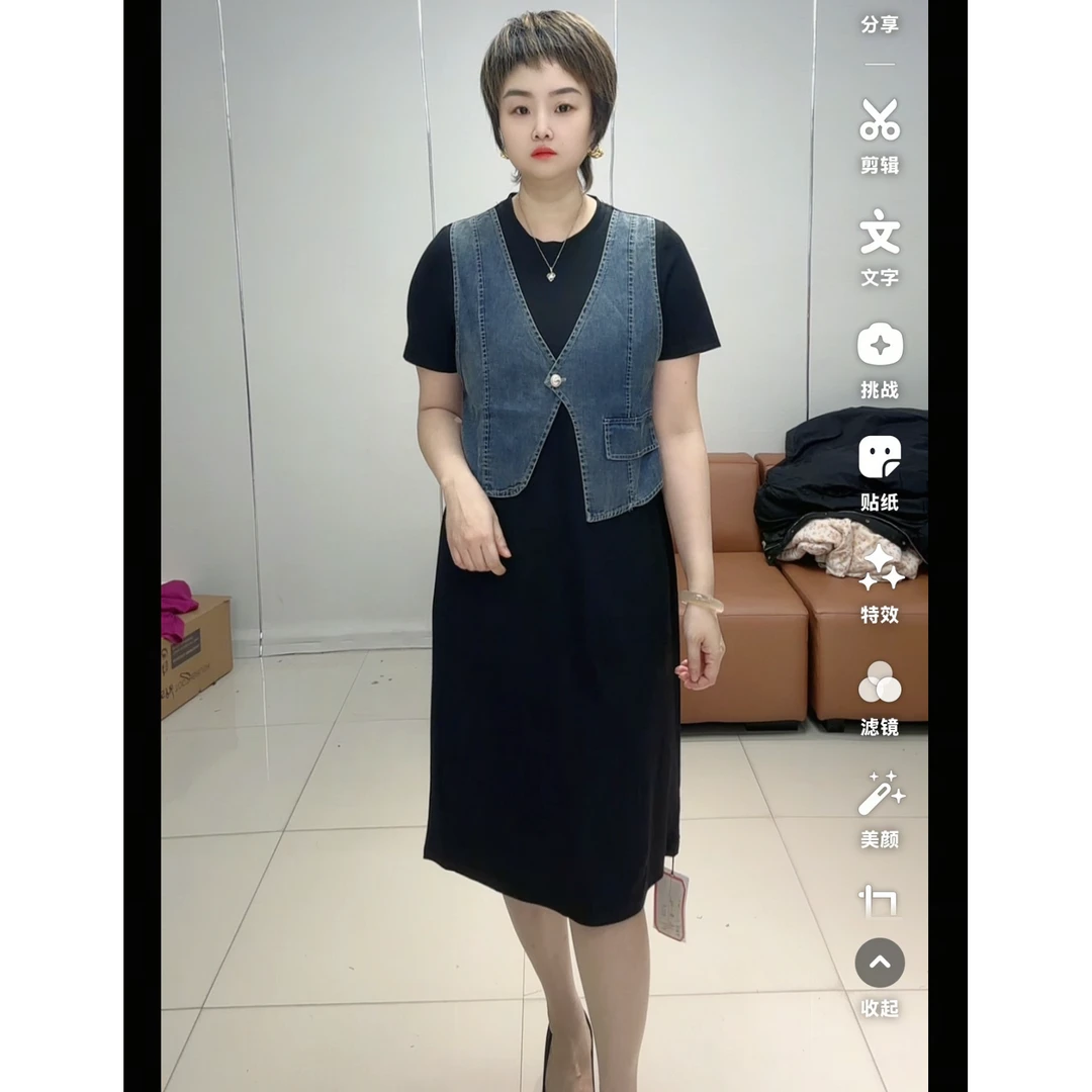 小施家设计版时尚拼接牛仔假两件显瘦连衣裙897
