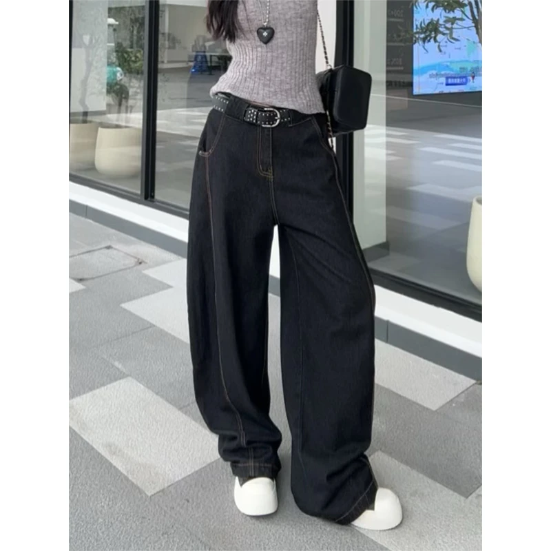2025秋季新款时尚百搭慵懒美式复古水洗弯刀牛仔裤休闲显瘦阔腿裤
