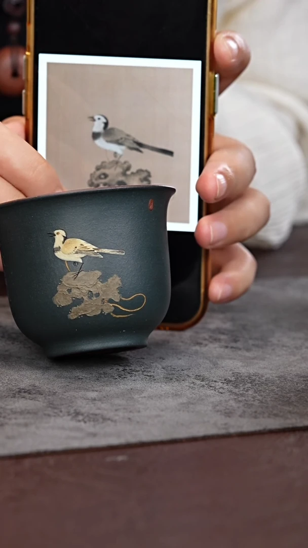 茶杯紫砂泥绘太湖石鸟 主人杯