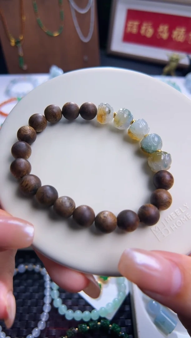 足金镶嵌手串翡翠大卡四彩莲花珠！卡10莲花珠！不可多得特色料！