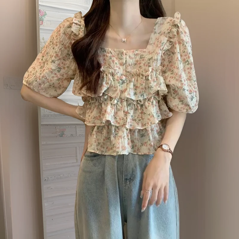 新款新款夏短袖衬衫边女短款显瘦雪纺上衣感小众2025方领