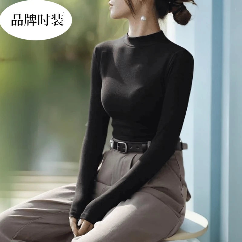 品牌时装立领显瘦半高领女打底衫新款打底衫女衣百搭修身长袖t恤