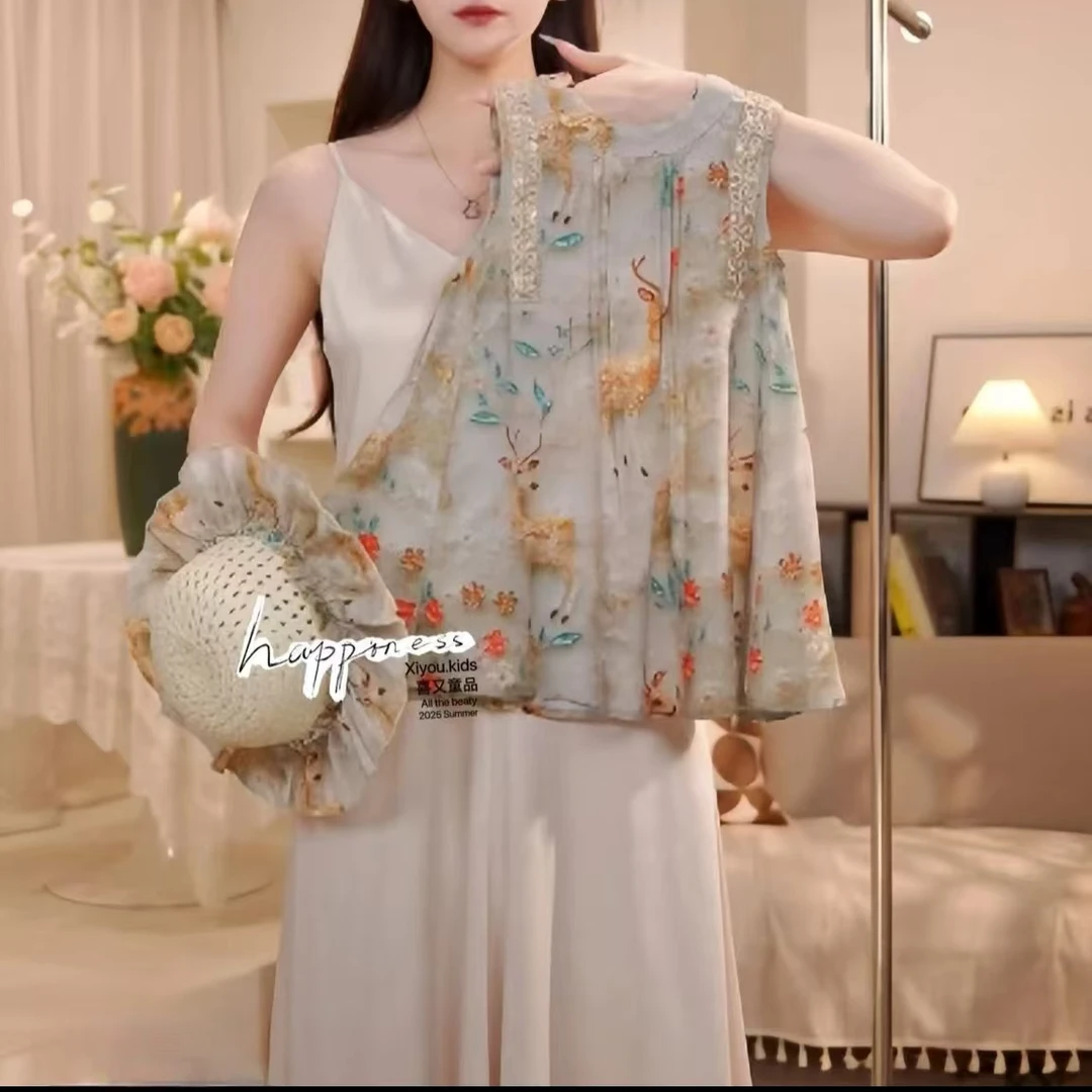 2025夏“烟霞青罗”女童无袖连衣裙夏季文艺印花超仙背心裙yn25259