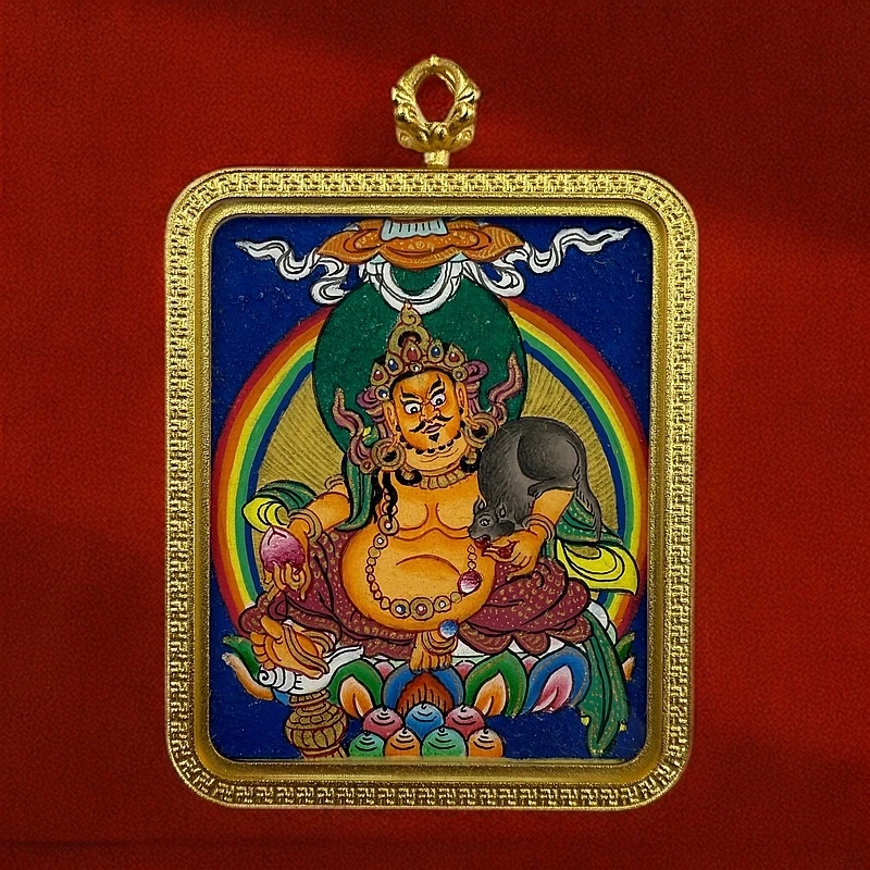 纯手绘唐卡黄财神粗矿砂五路财神之首正财4cm×5cm唐卡吊坠