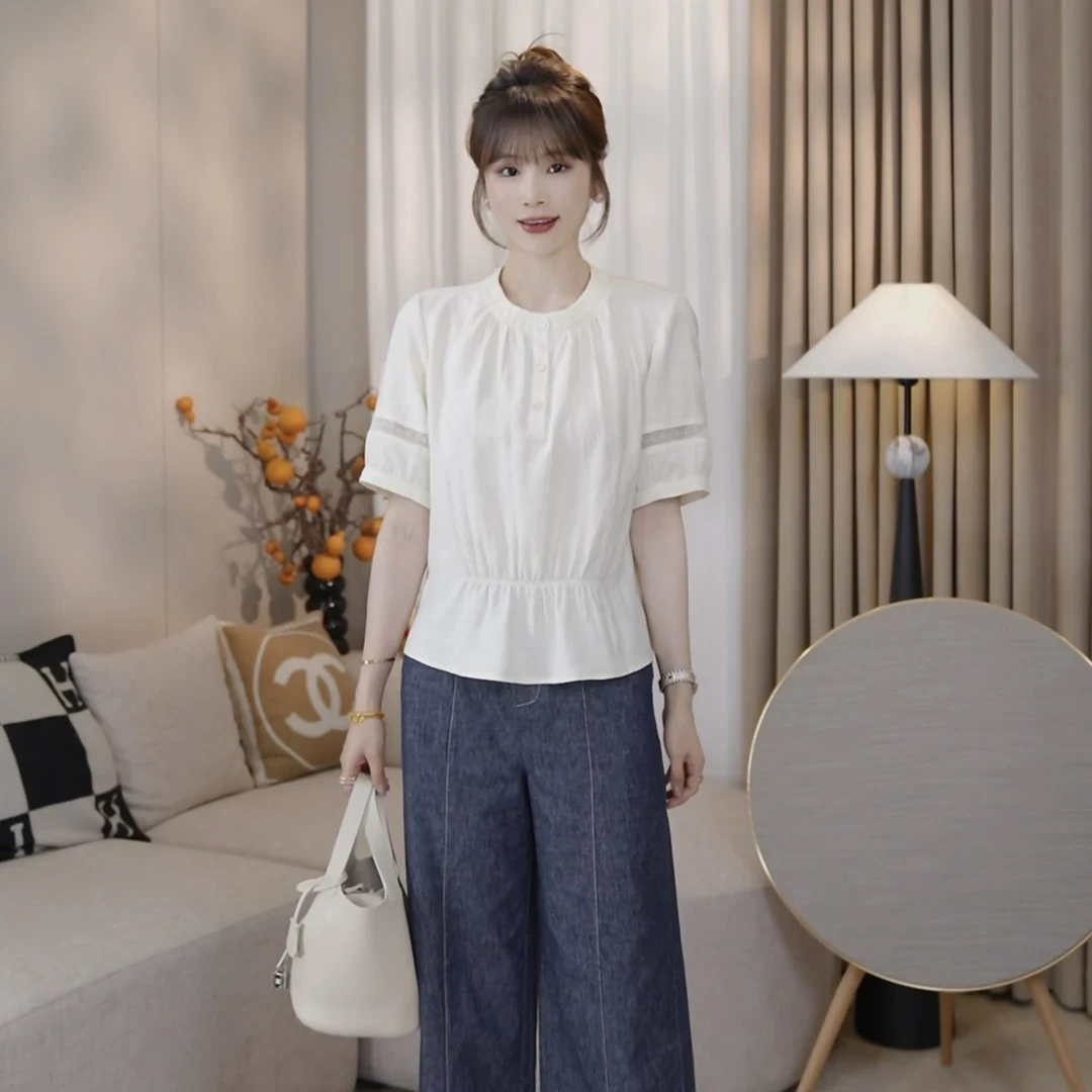 悠悠夏日~天丝麻圆领半纽扣薄款衬衫女气质显瘦时尚百搭小衫