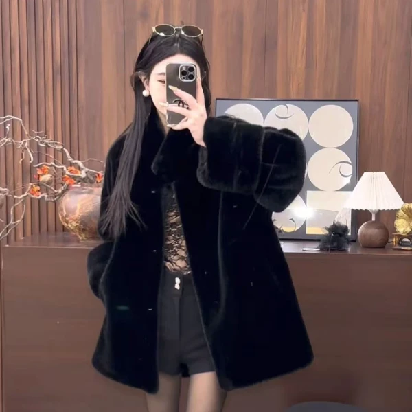 人造皮草 璐璐定制--冬新款长款立领人造皮草韩版挽袖外套