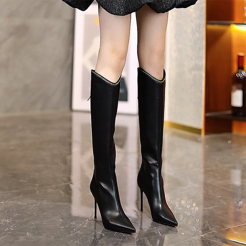 不过膝高跟长靴秋冬新款尖头细跟时装靴后拉链气质百搭瘦瘦高筒靴