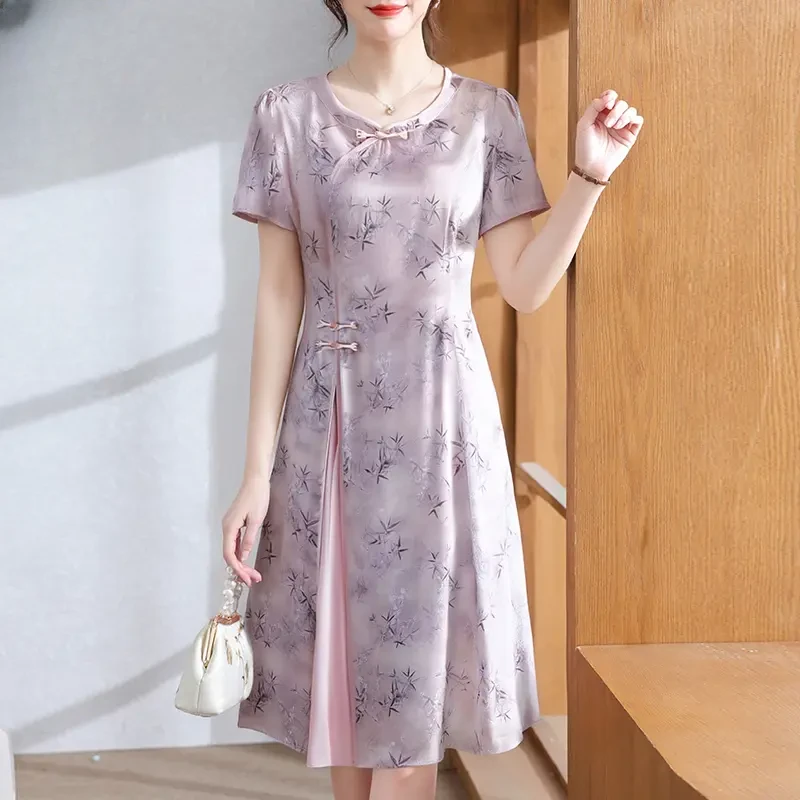 妈妈夏装短袖改良旗袍中老年女装洋气高贵连衣裙新中式雪纺气质裙