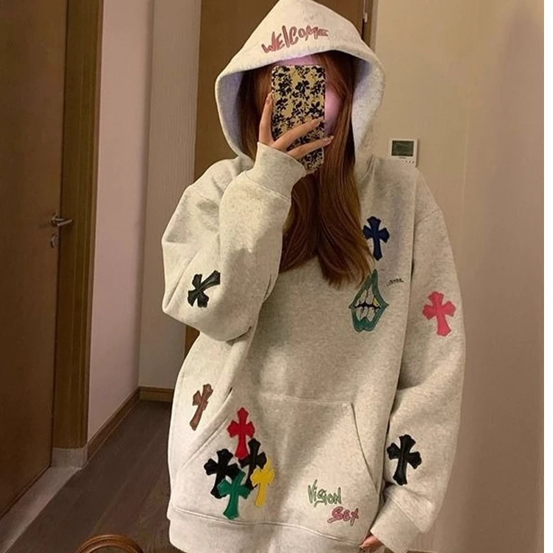 大码300斤美式复古彩色十字架刺绣连帽卫衣男女2025新款情侣上衣