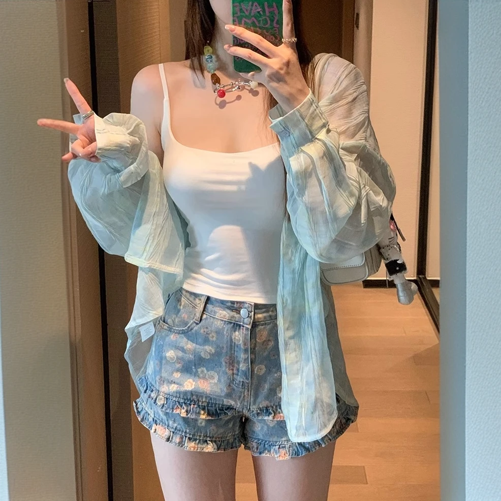 高腰A字热裤女2025夏季微胖梨形显瘦碎花双层花边牛仔阔腿短裤女