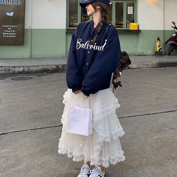 韩版超仙重工蕾丝木耳边松紧腰半身蛋糕裙