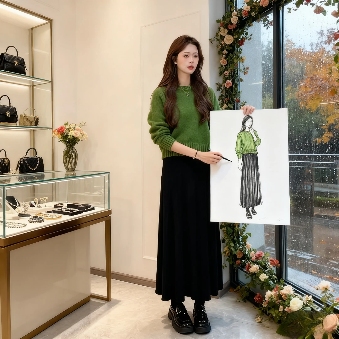 超火秋季穿搭一整套2025新款韩版圆领针织衫百搭高腰半身裙两件套