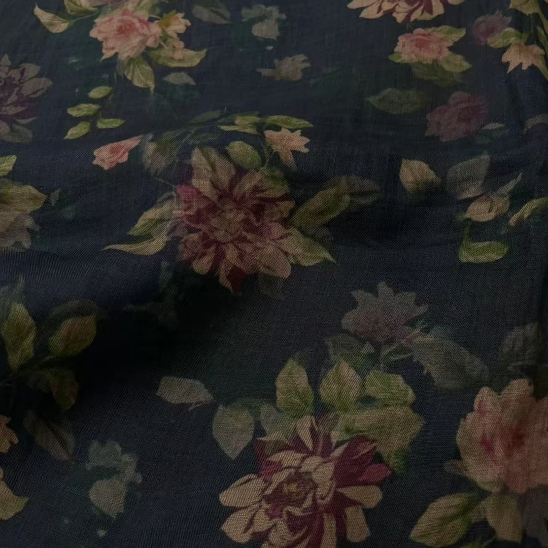 【牡丹】深蓝色花卉莨麻42支苎麻布料 幅宽140cm