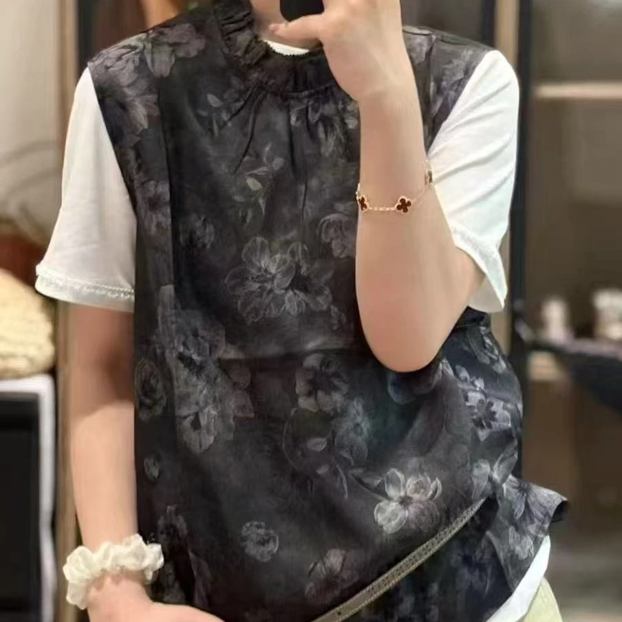 谢美丽-精选印花花边领口上衣背心新中式