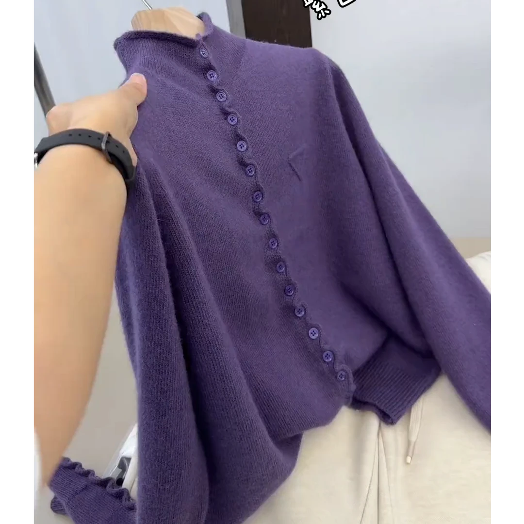 2025年秋冬新款超软糯立领花边多扣高级感气质长袖针织开衫上衣女