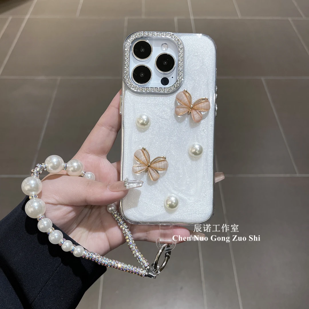 适用苹果华为荣耀oppo/vivo小米手机壳滴胶奶油白珍珠蝴蝶带手链