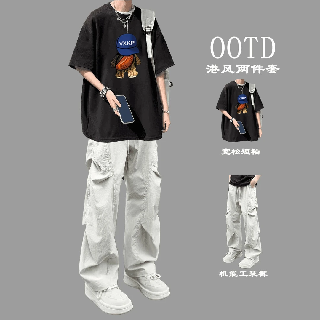 男士宽松夏季套装短袖t恤青少年高街痞帅气机能工装裤潮牌两件套