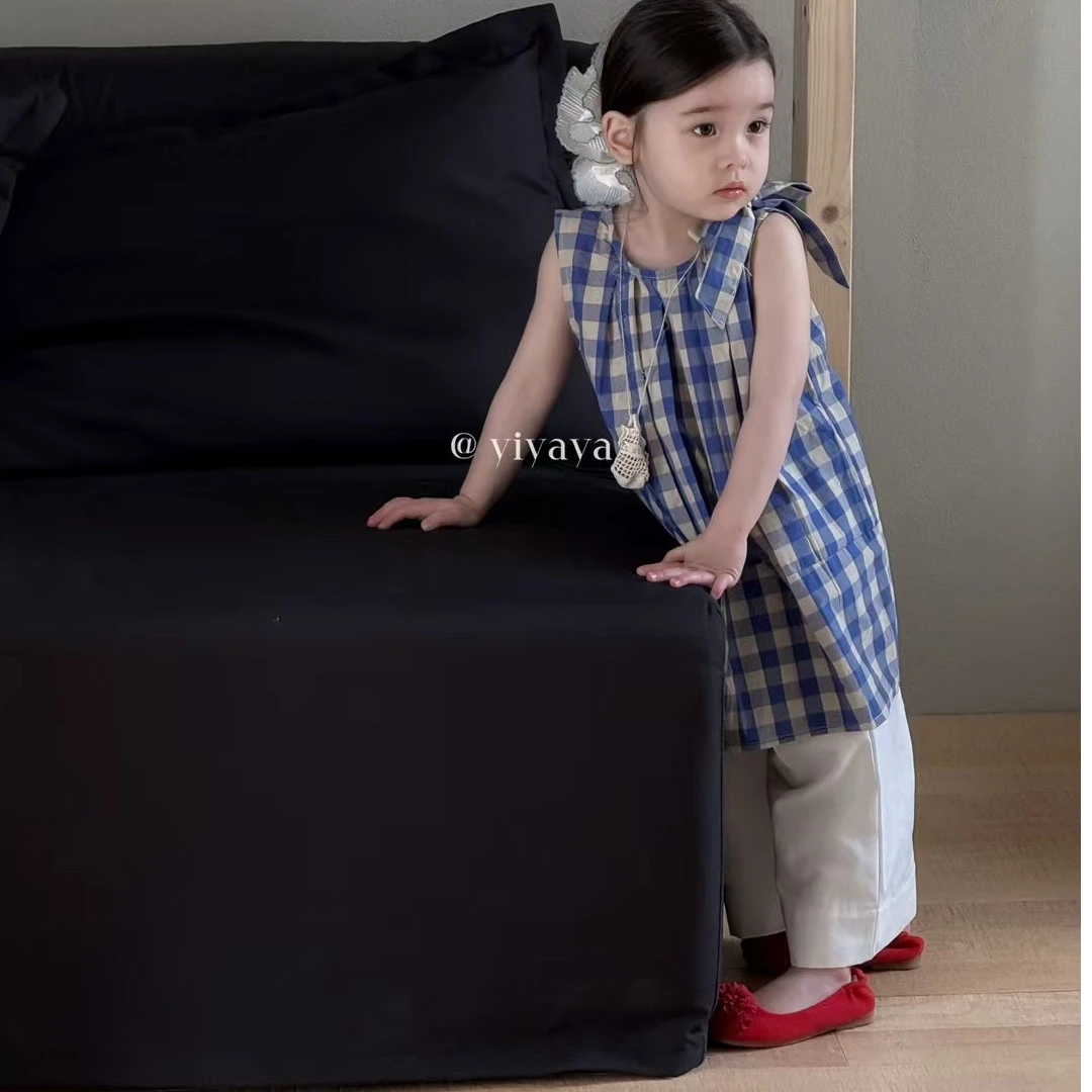 YIYAY25夏no退 蓝色格子裙配白色棉布裤