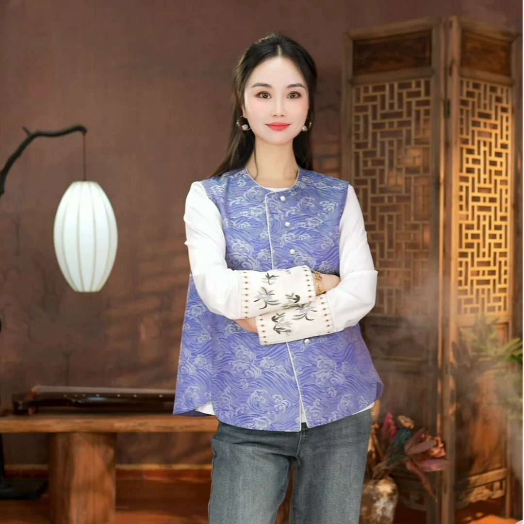 【东方婵韵】100%桑蚕丝复古休闲圆领对襟宋锦马甲DFCY355555