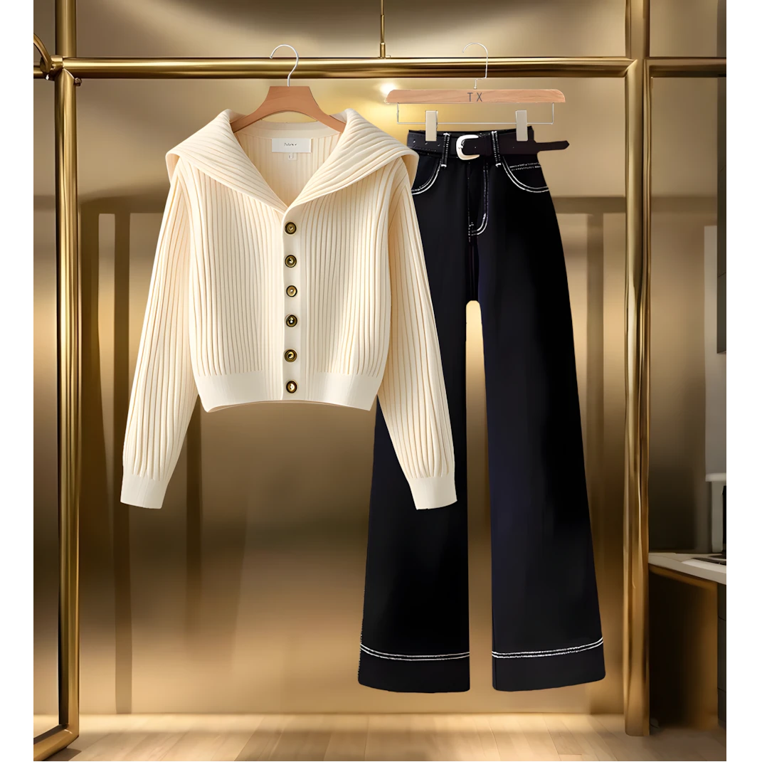 2025秋季小众炸街高级感气质洋气衣服女装显瘦针织衫高腰直筒裤子