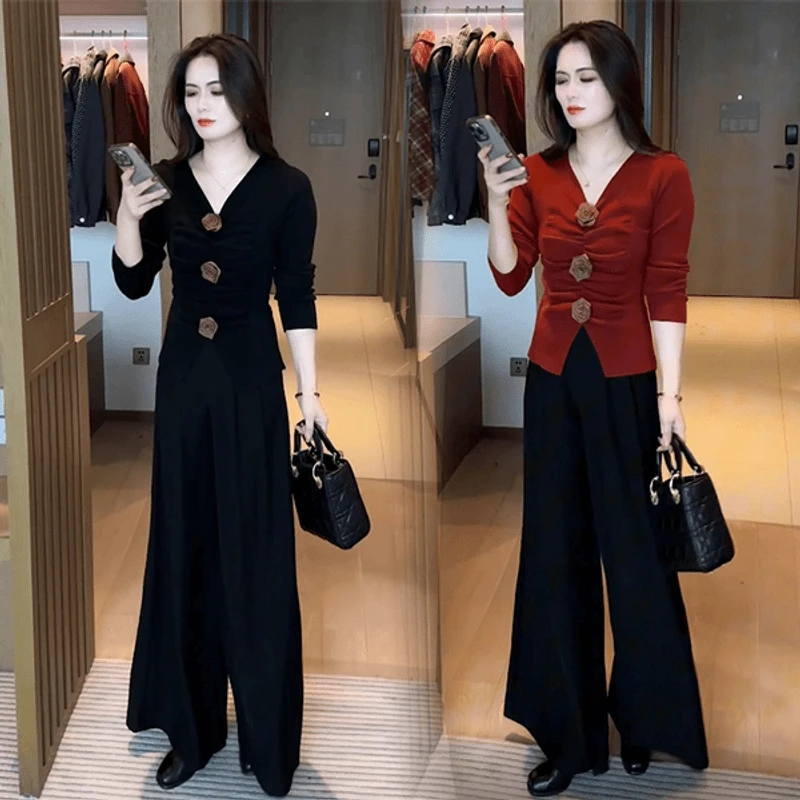 2025收腰静奢风春秋通勤休闲风高腰时尚套装阔腿裤女装