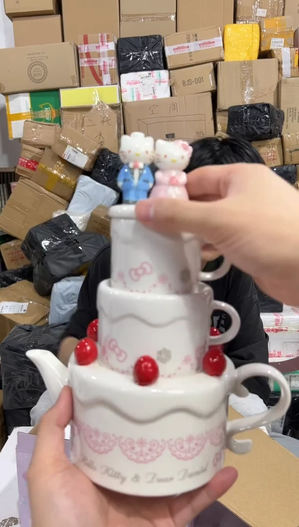 瓷片原盒kt猫结婚茶壶套组